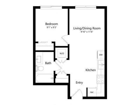 Floor plan for 1 bed, 1 bath, 483 sqft